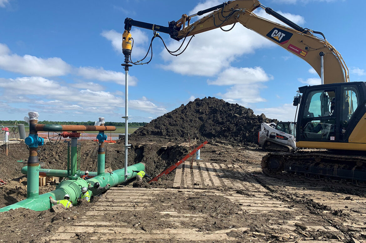 Industrial helical pile foundations are used to support structures such as equipment pads, pipe supports, platforms, utility structures, and facility additions. They are often considered on active industrial sites where limited access, reduced excavation, and lower vibration are important. Photo Credit: Elite Helical