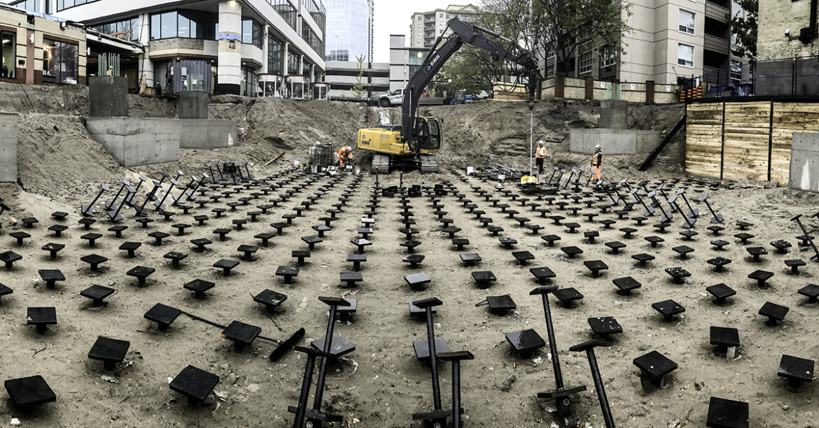 Helical pile installation equipment must provide enough hydraulic power and torque to advance piles into the required bearing layer without damaging the pile system. The equipment package usually includes a carrier machine, hydraulic drive head, pile adapters, and torque monitoring tools. Photo Credit: Chance Foundation Solutions