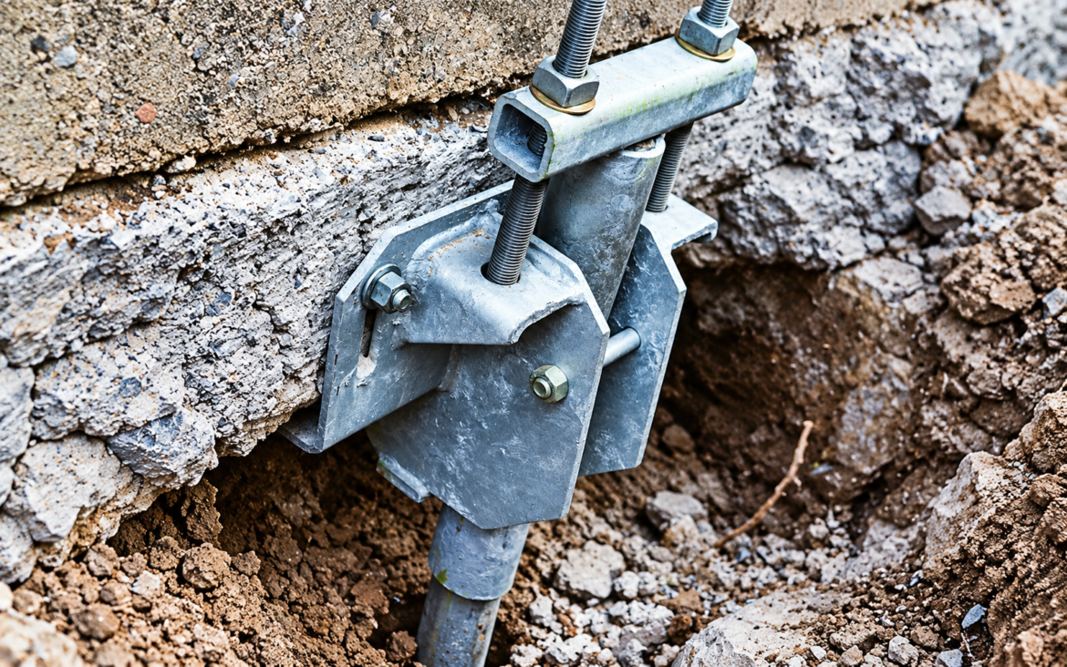 Helical pier underpinning uses steel piles installed into deeper supporting soil layers to provide additional foundation capacity. Engineered brackets or structural connections transfer loads from an existing foundation into the installed piles. Photo Credit: Intech Anchoring Systems