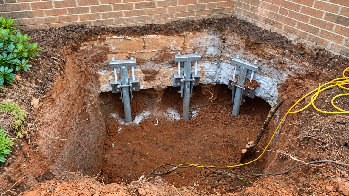 Helical piers for foundation repair transfer structural loads from an existing foundation to installed steel piles. Residential helical piles can also support new houses and additions when specified for the project.